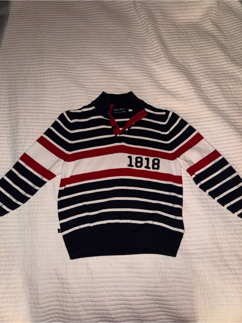 Brooks Brothers Navy, White & Red Striped V-Neck Sweater